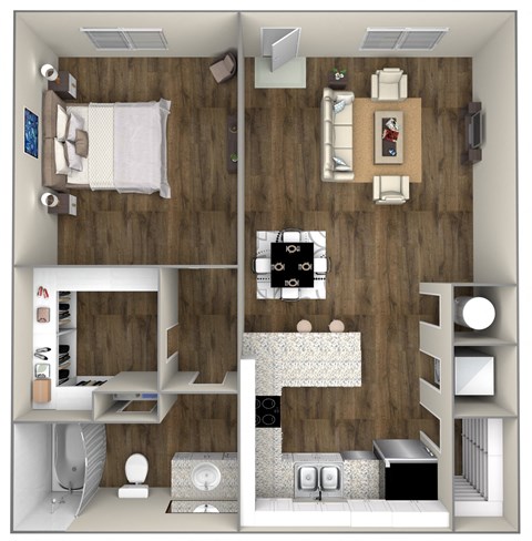 Floor plan for 1 bed, 1 bath, 691 sqft